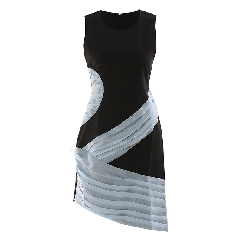 Asymmetrical Contrast Pleated Panel Round Neck Sleeveless Dress