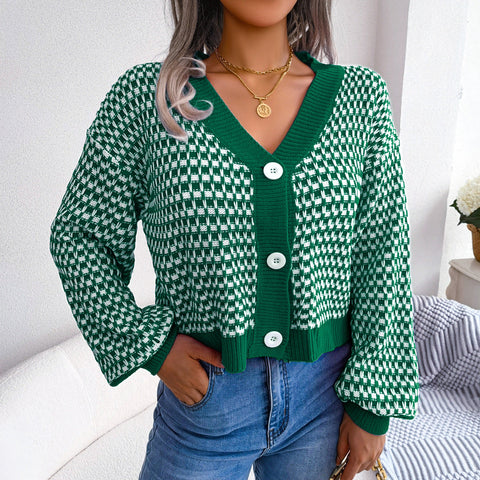 Two-Tone Lantern Sleeve Cardigan