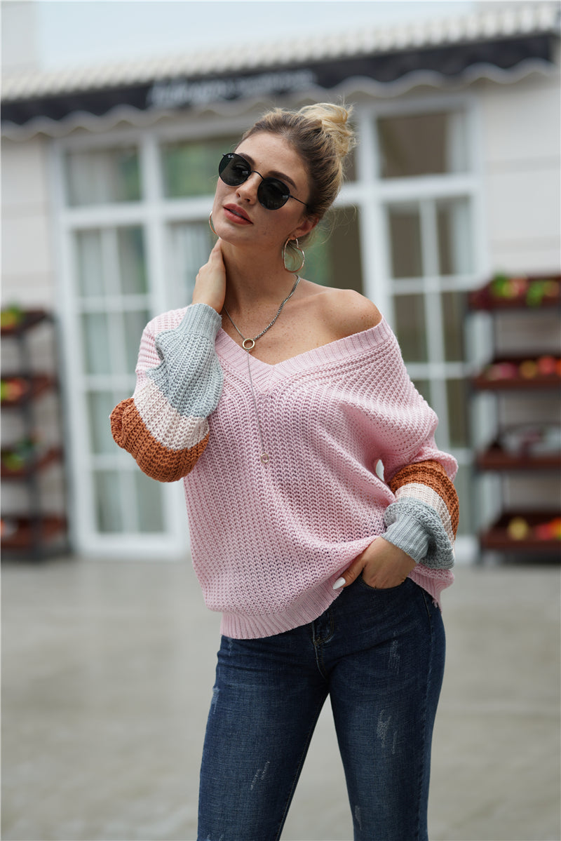 Striped Sleeve Rib-Knit Dropped Shoulder Sweater