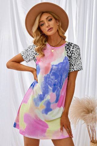 Tie-Dye Leopard Short Raglan Sleeve T-Shirt Dress