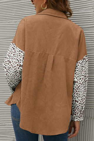 Leopard Splicing Button Front Corduroy Blouse