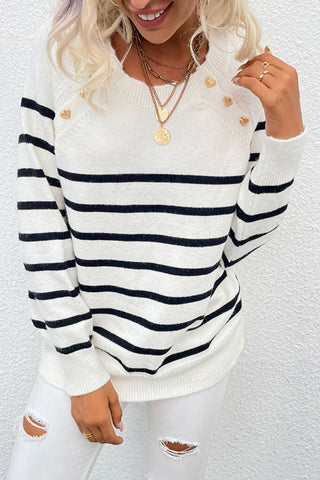 Striped Heart-Shaped Button Round Neck Sweater