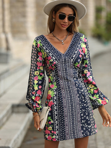 Mixed Print V-Neck Balloon Sleeve Dress