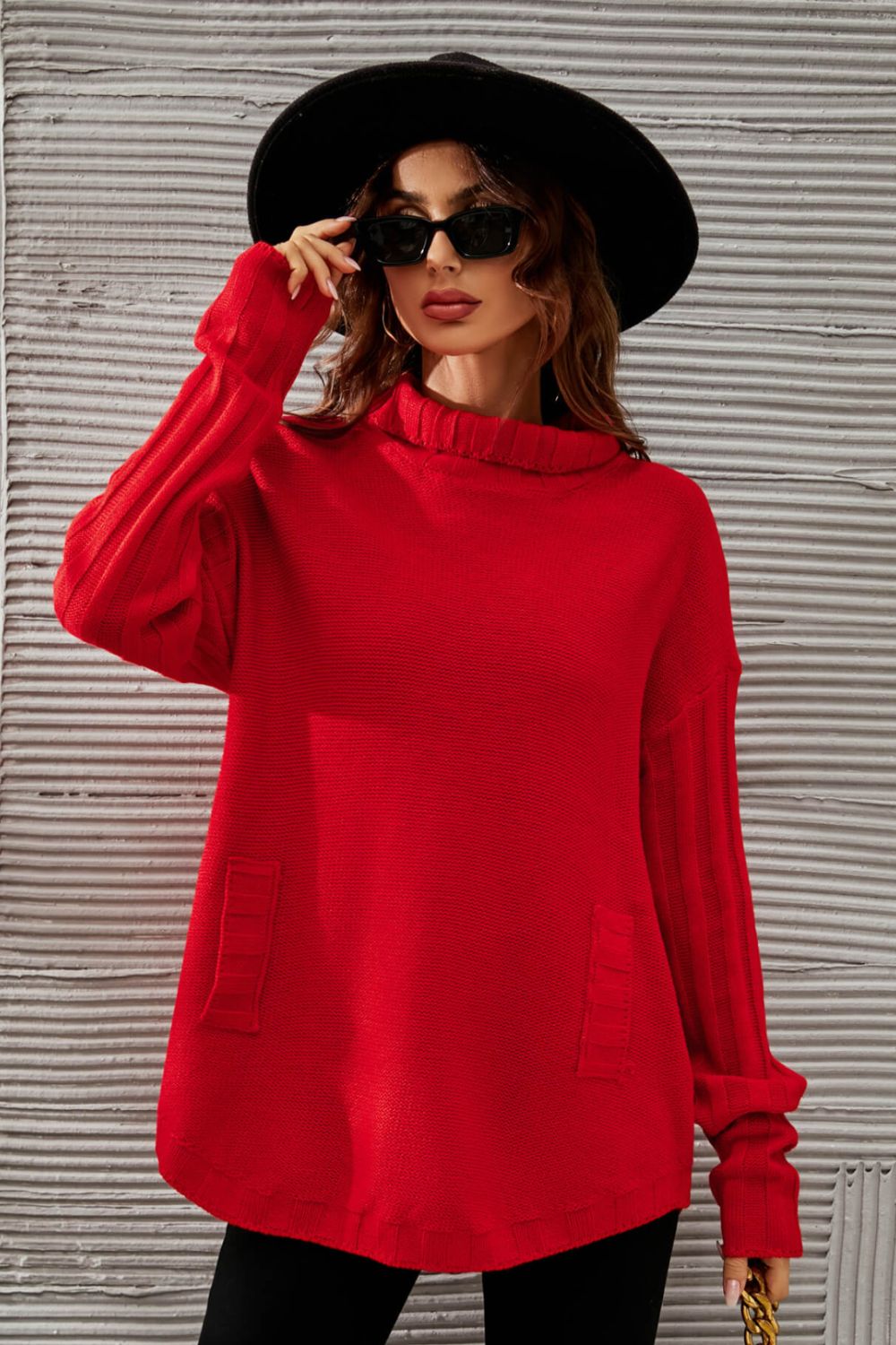 Turtleneck Ribbed Trim Tunic Sweater