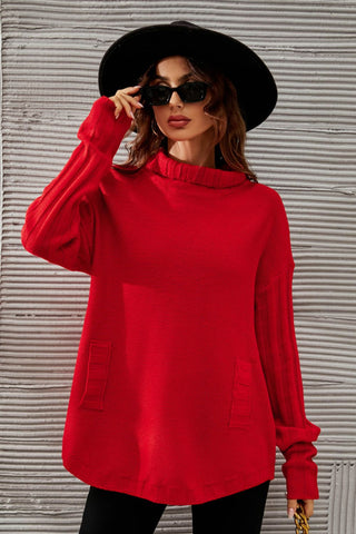 Turtleneck Ribbed Trim Tunic Sweater