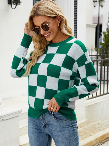 Checkered Dropped Shoulder Round Neck Sweater