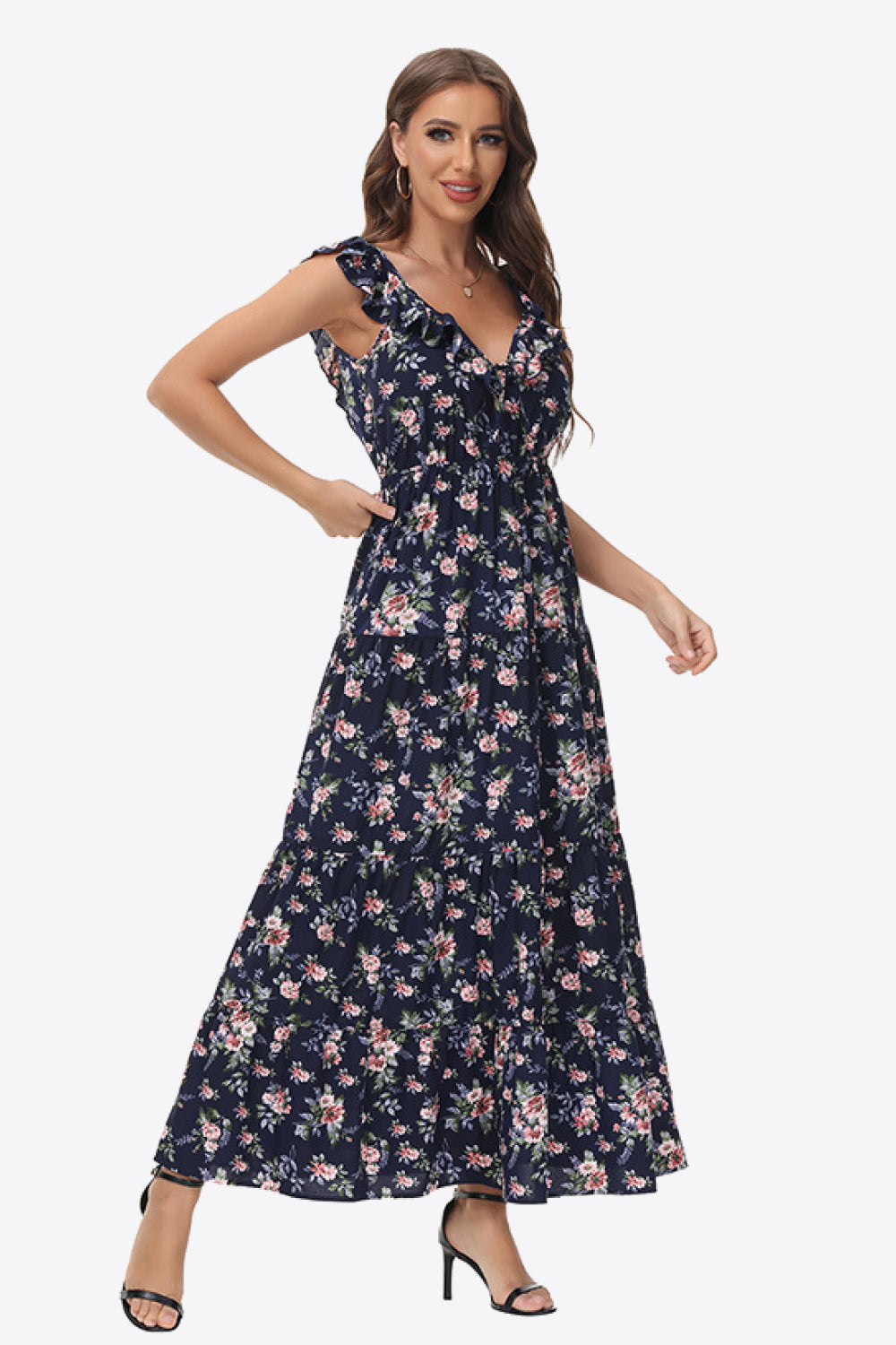 Robe longue fleurie à volants et épaules nouées