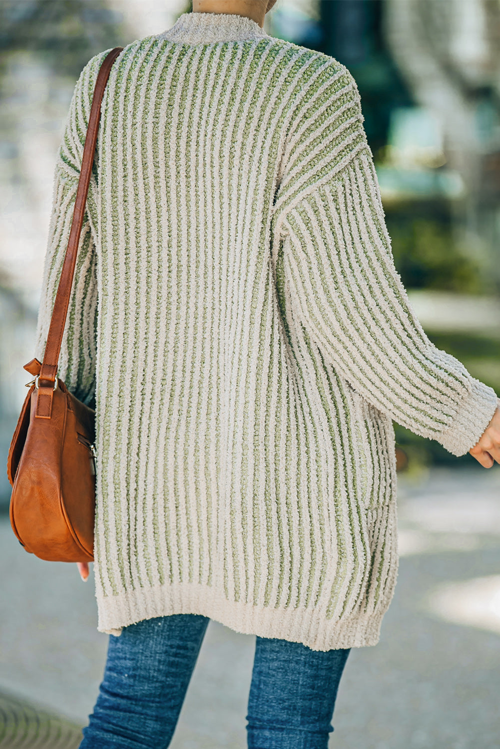 Striped Open Front Ribbed Cardigan with Pockets
