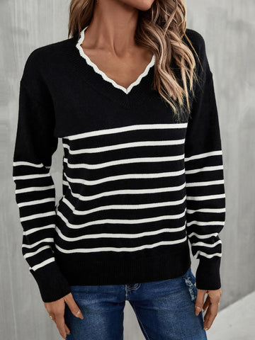 Striped V-Neck Ribbed Trim Knit Top