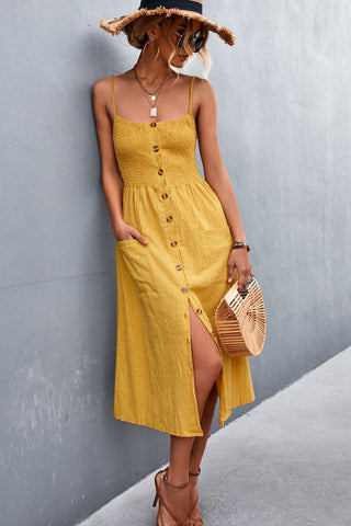 Spaghetti Strap Button Down Smocked Midi Dress