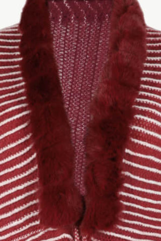 Striped Faux Fur Trim Open Front Cardigan