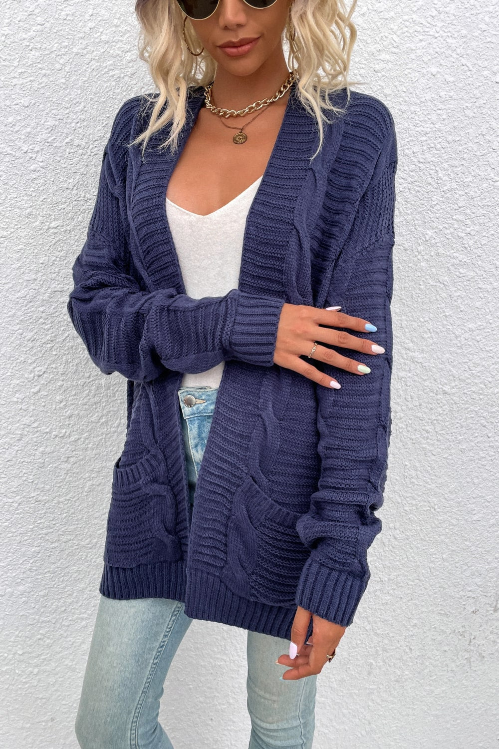 Cable-Knit Open Front Longline Cardigan