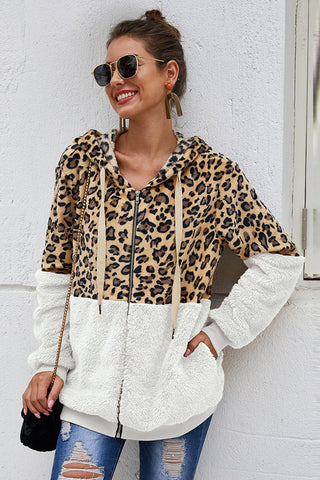 Spliced Leopard Drawstring Zip-Up Teddy Hoodie