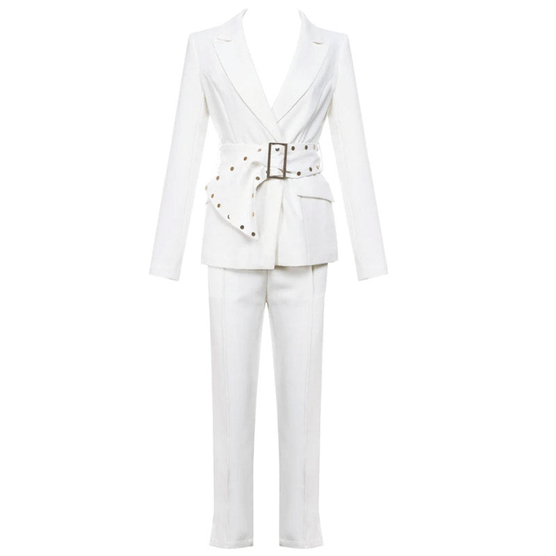 Ensemble assorti blazer taille haute à manches longues et col avec ceinture - Blanc