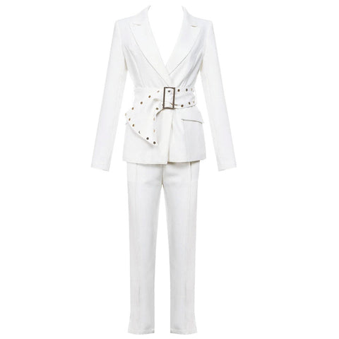 Ensemble assorti blazer taille haute à manches longues et col avec ceinture - Blanc