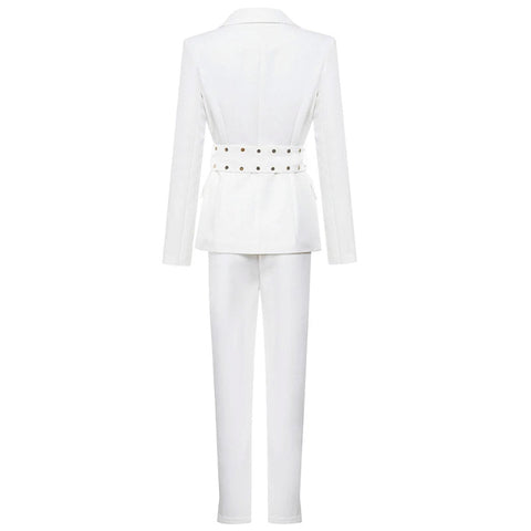 Ensemble assorti blazer taille haute à manches longues et col avec ceinture - Blanc