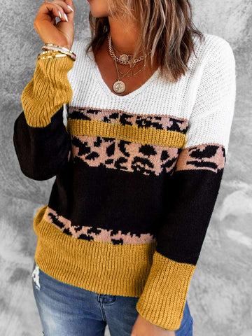 Rippenstrickpullover mit V-Ausschnitt und Leoparden-Farbblock