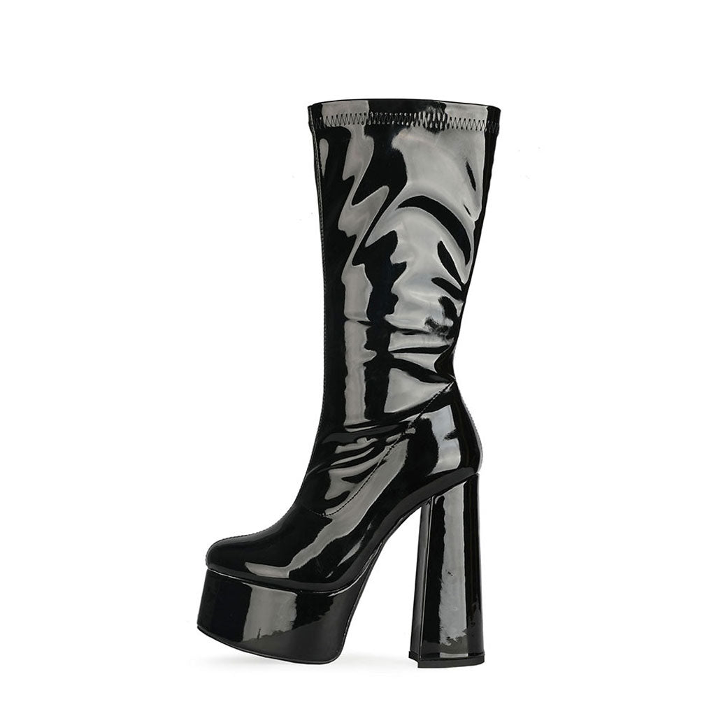 Bold Patent Leather Knee High Platform Chunky Heel Boots - Black