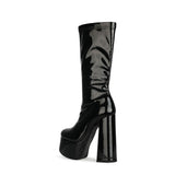Bold Patent Leather Knee High Platform Chunky Heel Boots - Black