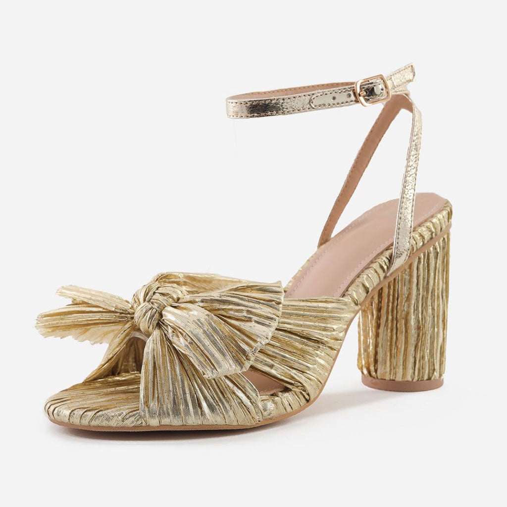 Butterfly Bow Trim Block Heel Peep Toe Pleated Sandals - Gold