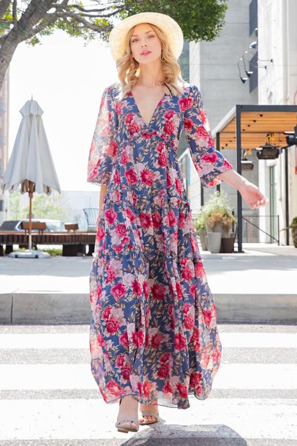 Floral Frill Trill Deep V Maxi Dress