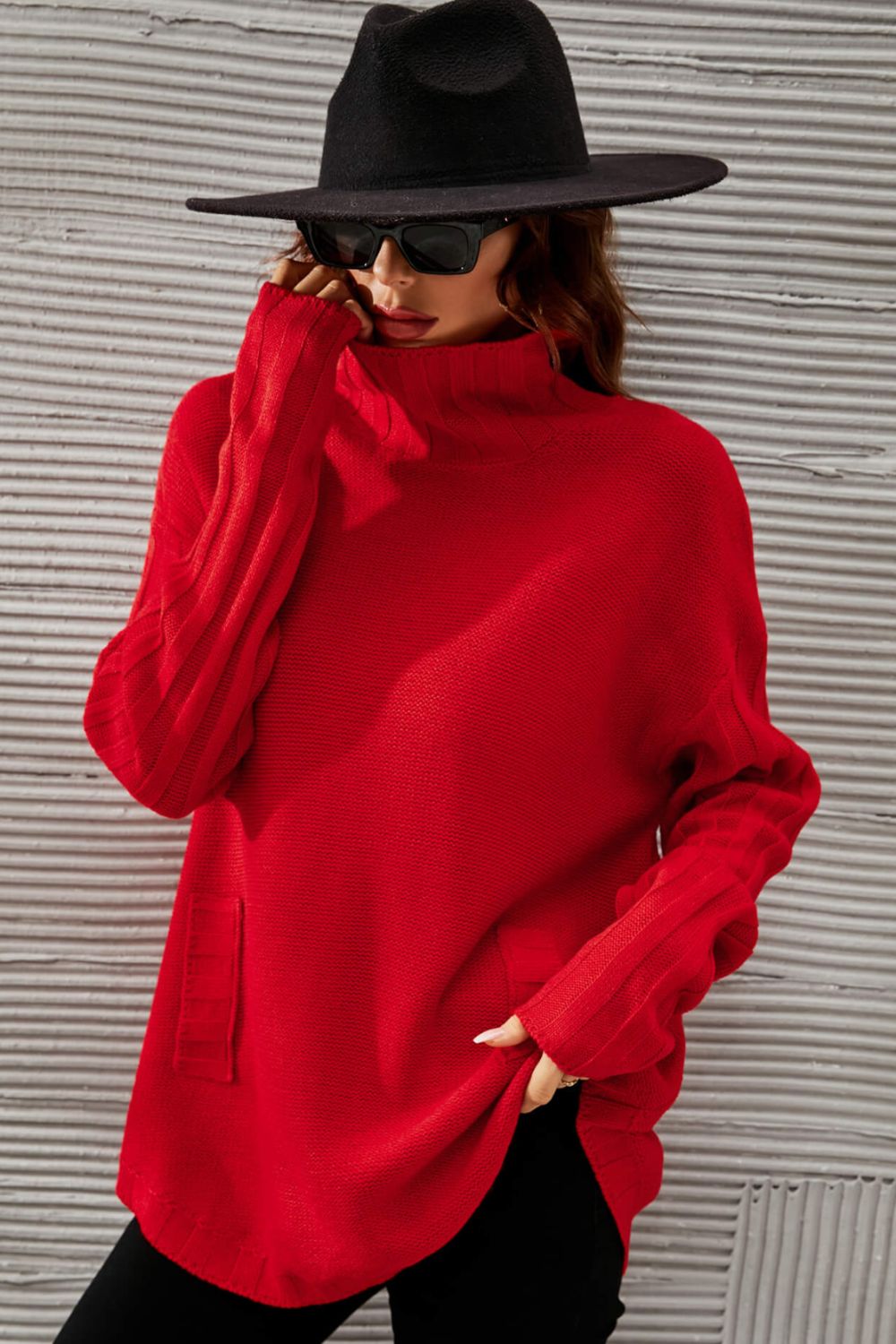 Turtleneck Ribbed Trim Tunic Sweater