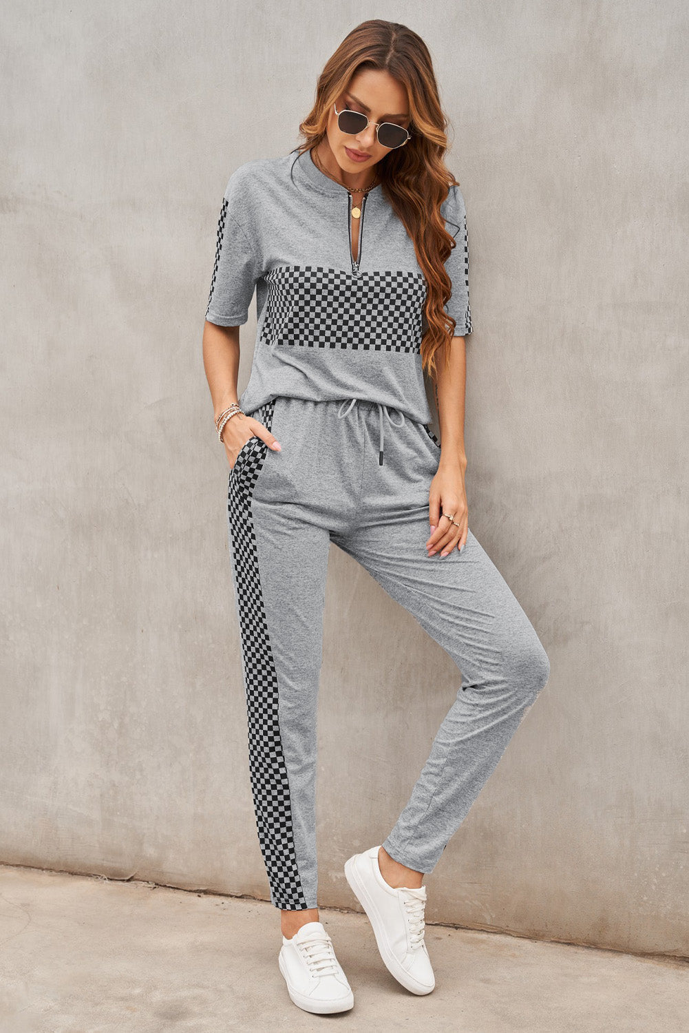 Checkered Short Sleeve Top and Lounge Pants Set