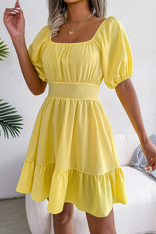 Square Neck Balloon Sleeve Ruffled Dress