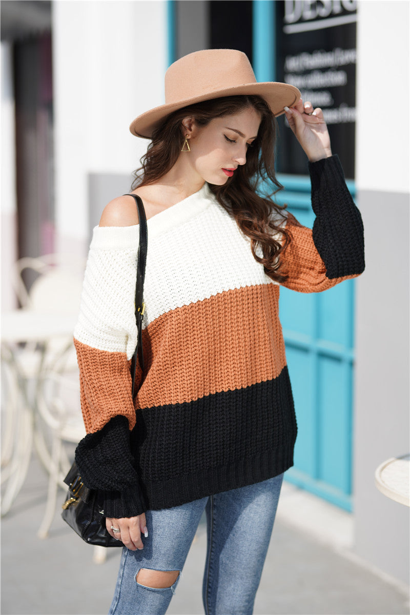 Tricolor Rib-Knit Boat Neck Sweater