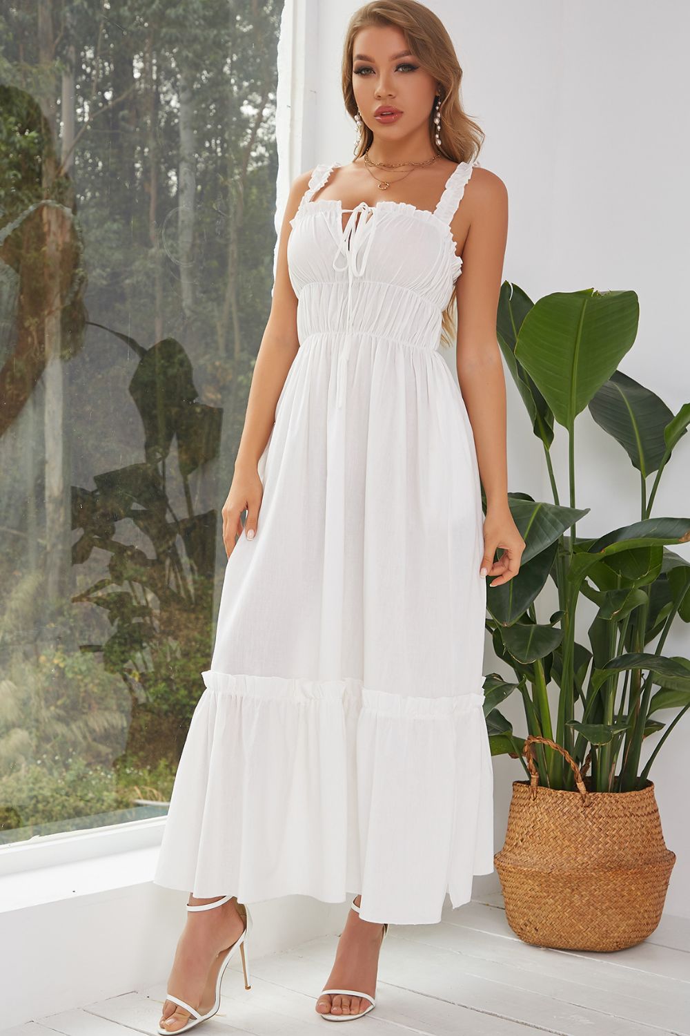 Frill Trim Tie Front Maxi Dress