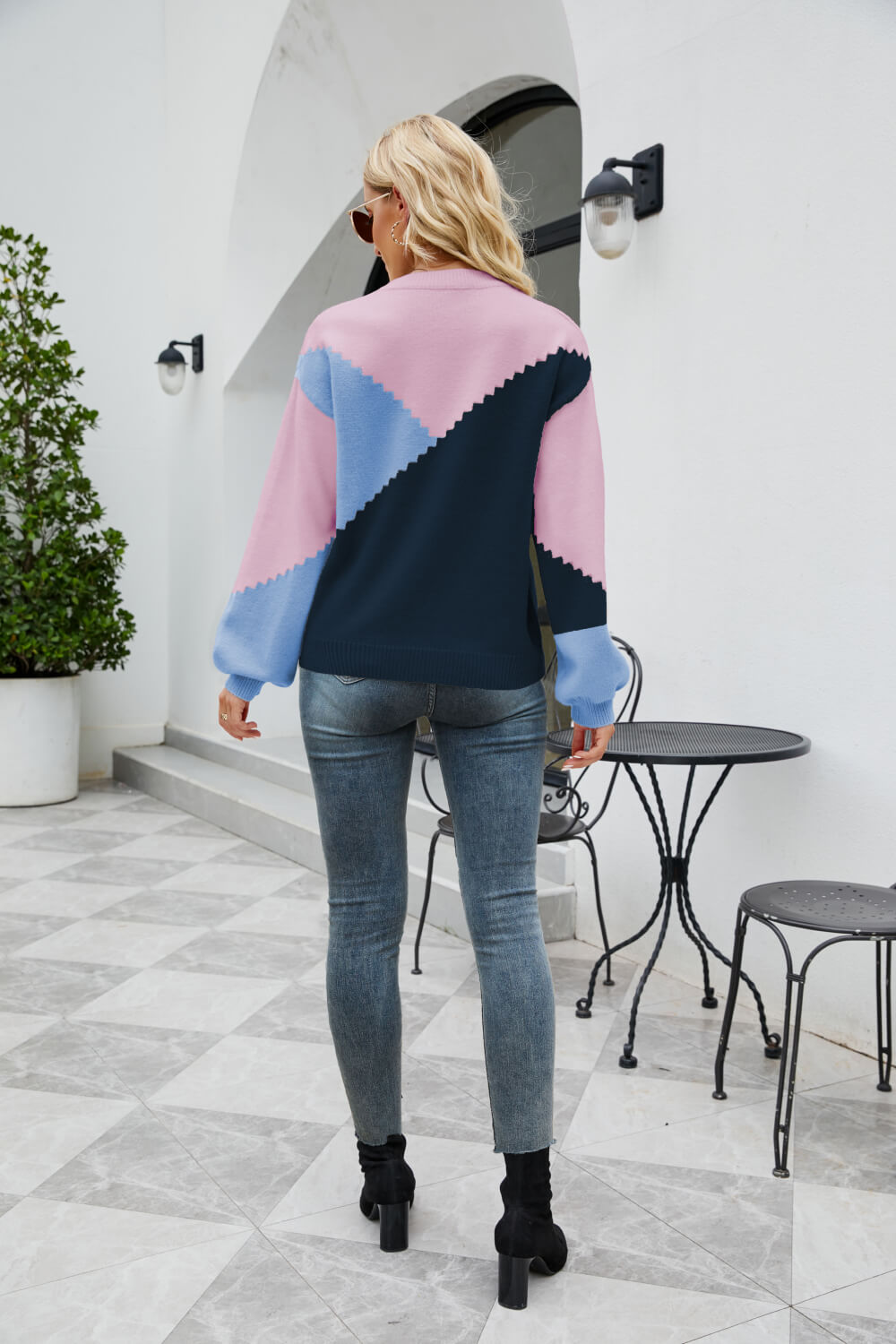 Tricolor Color Block Round Neck Ribbed Trim Sweater