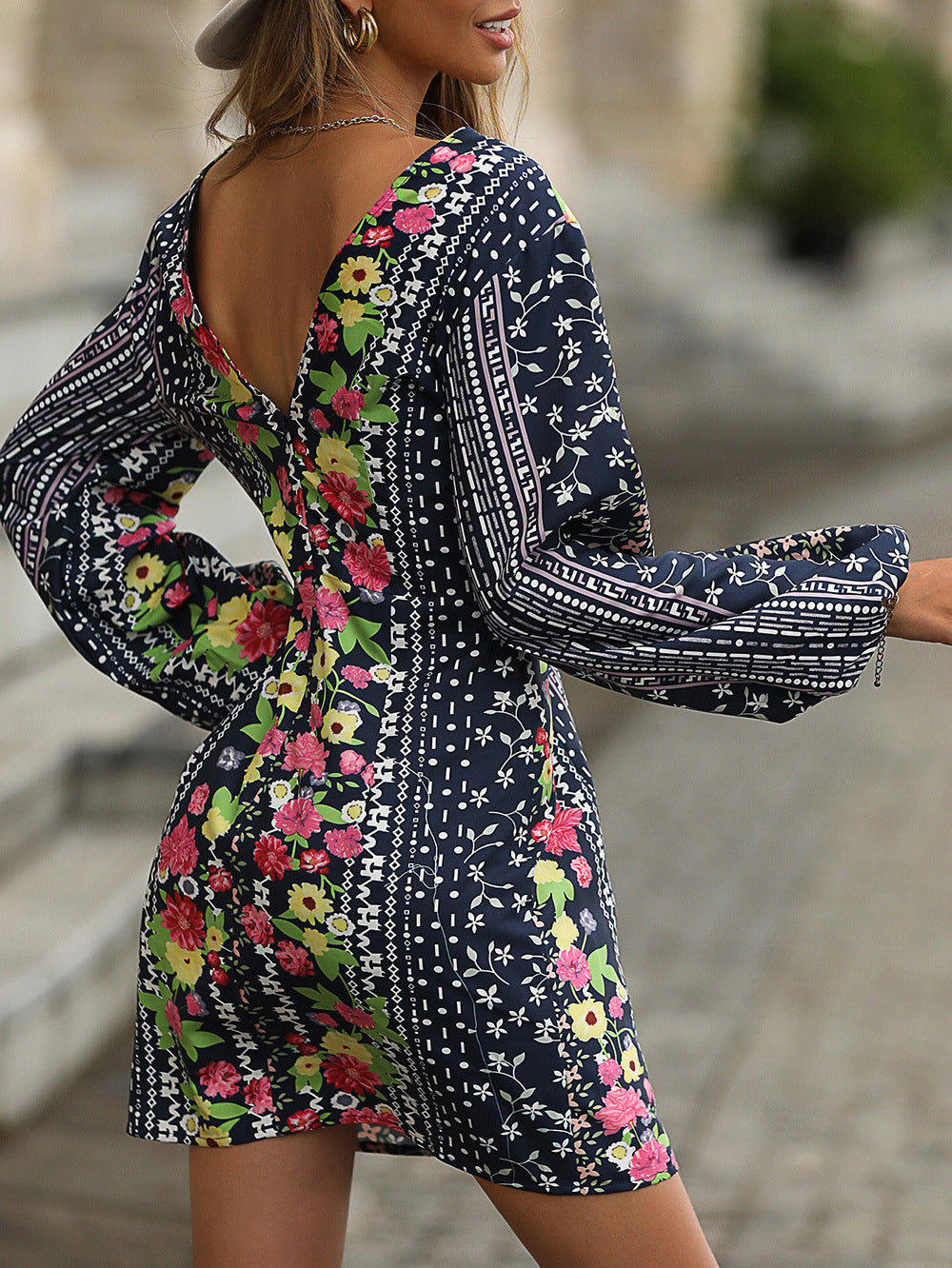 Mixed Print V-Neck Balloon Sleeve Dress