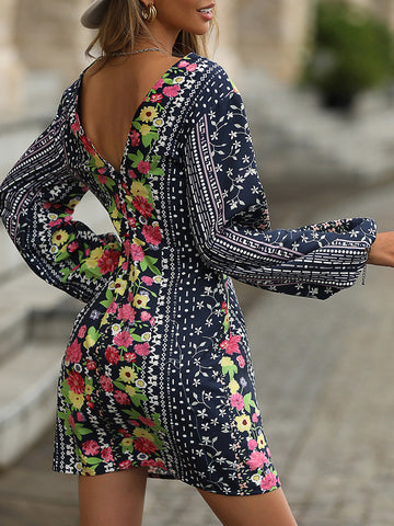 Mixed Print V-Neck Balloon Sleeve Dress