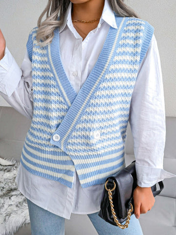 Striped Front Slit Double-Breasted Surplice Sweater Vest