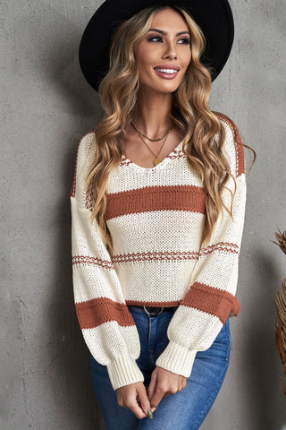 Striped V-Neck Pullover Sweater