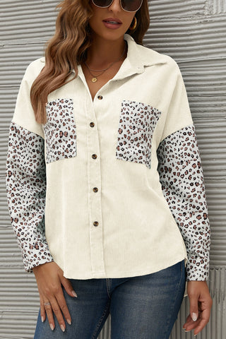 Leopard Splicing Button Front Corduroy Blouse