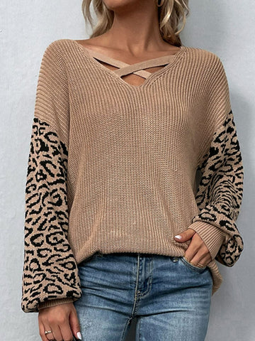 Leopard Lantern Sleeve Crisscross Sweater