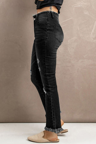 Jeans mit hoher Taille und Used-Look und offenem Saum