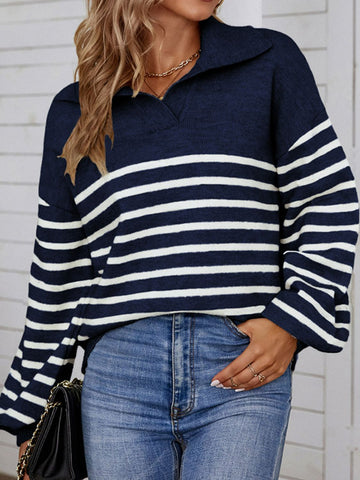 Striped Balloon Sleeve Collared Sweater