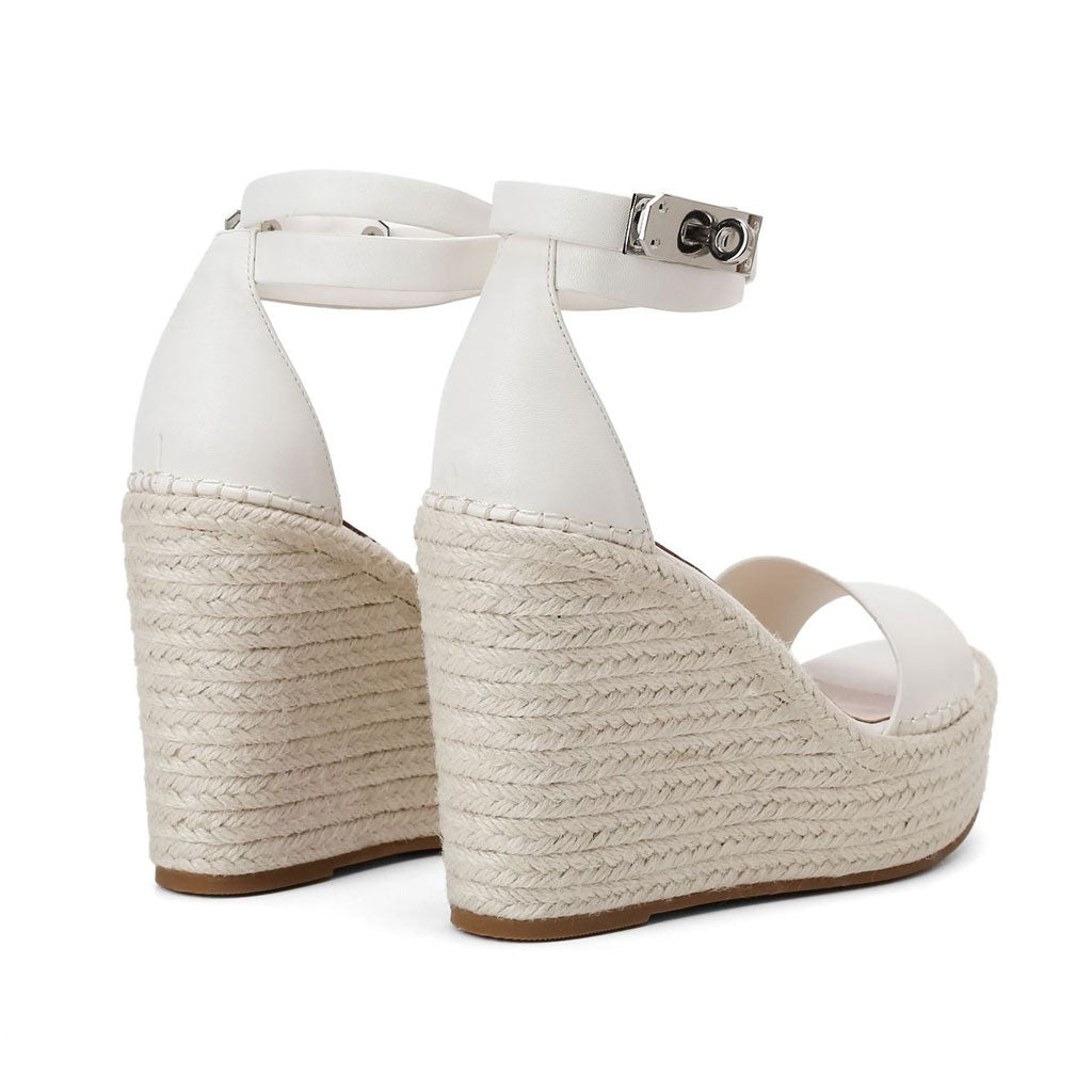Casual Ankle Strap Platform Open Round Toe Wedge Espadrilles - White