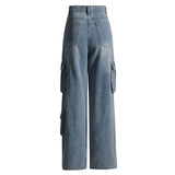 Casual High Waist Straight Leg Multiple Pocket Cargo Denim Jeans