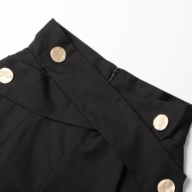 Casual Metallic Button Cross Strap High Waist Frill Trim A-Line Shorts