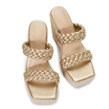 Casual Square Toe Braided Platform Wedge Espadrilles - Champagne