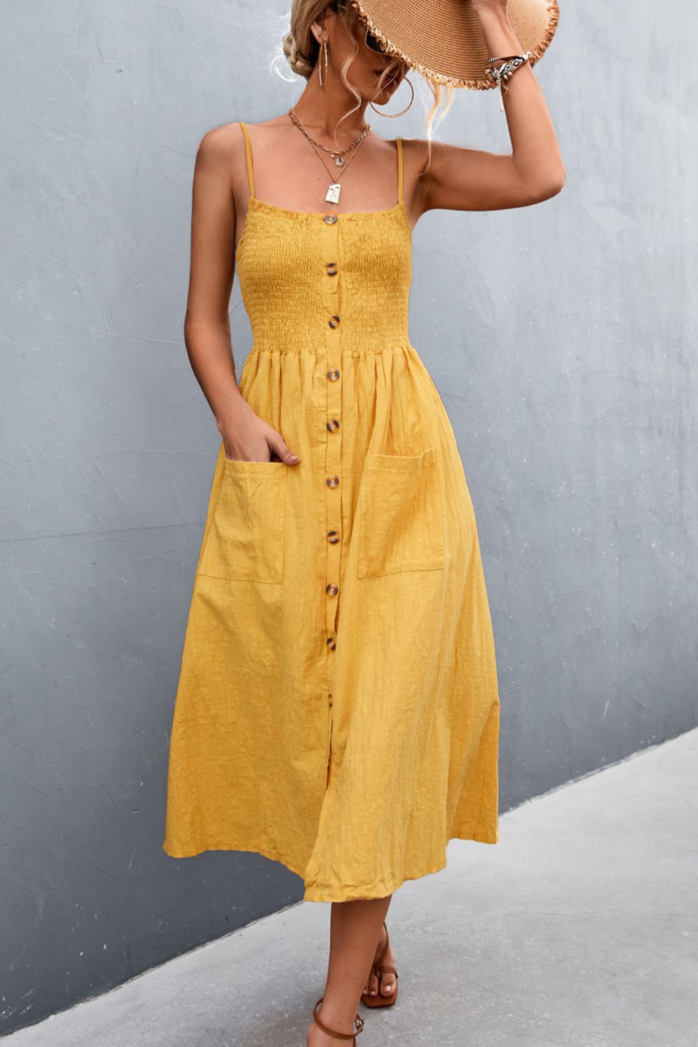 Spaghetti Strap Button Down Smocked Midi Dress