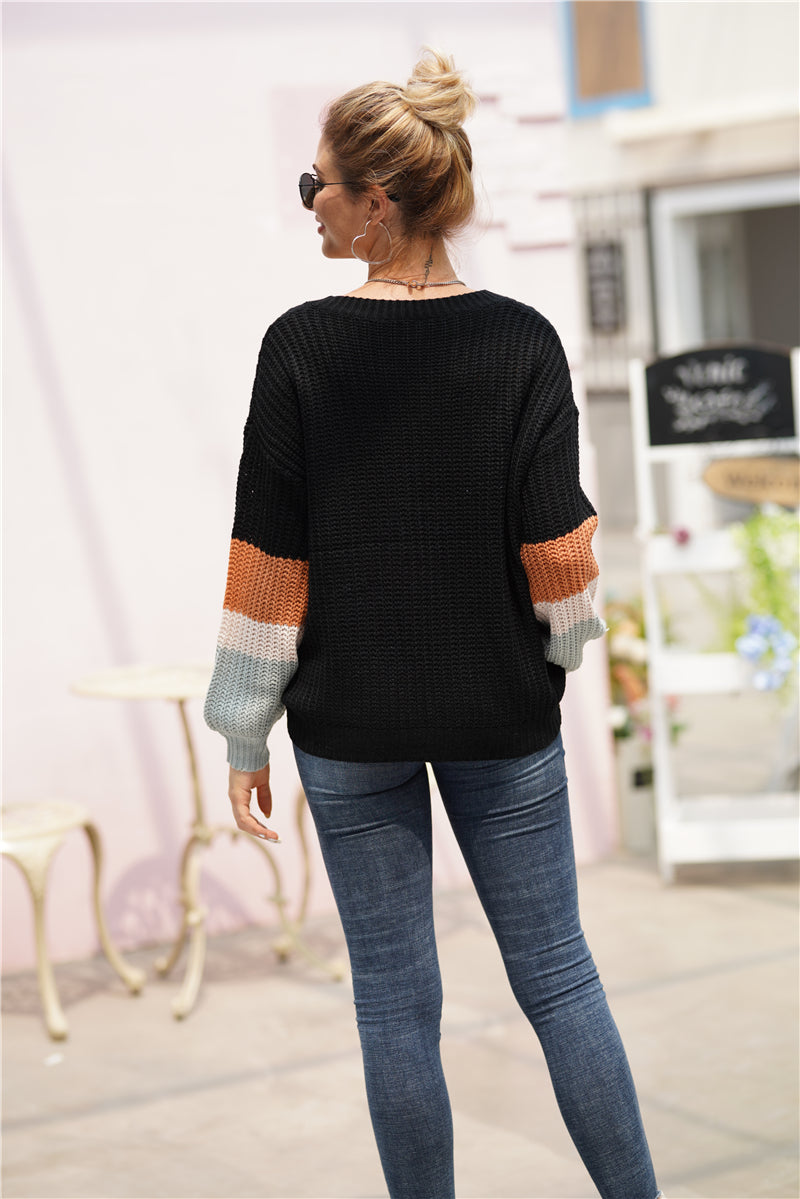 Striped Sleeve Rib-Knit Dropped Shoulder Sweater