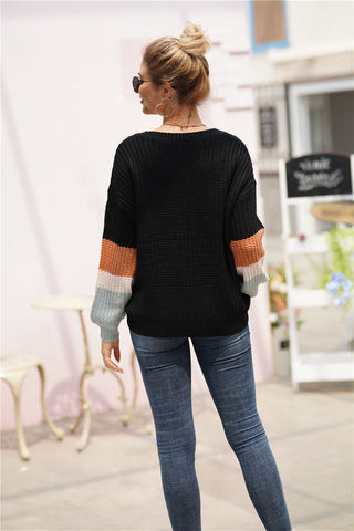 Striped Sleeve Rib-Knit Dropped Shoulder Sweater