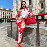 Celebrity Floral High Waist Single Breasted Blazer Matching Set - Red