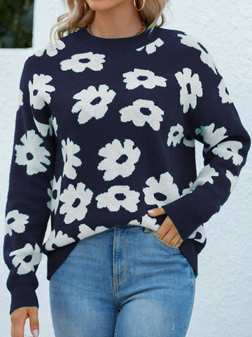 Pull en maille côtelée à motif floral