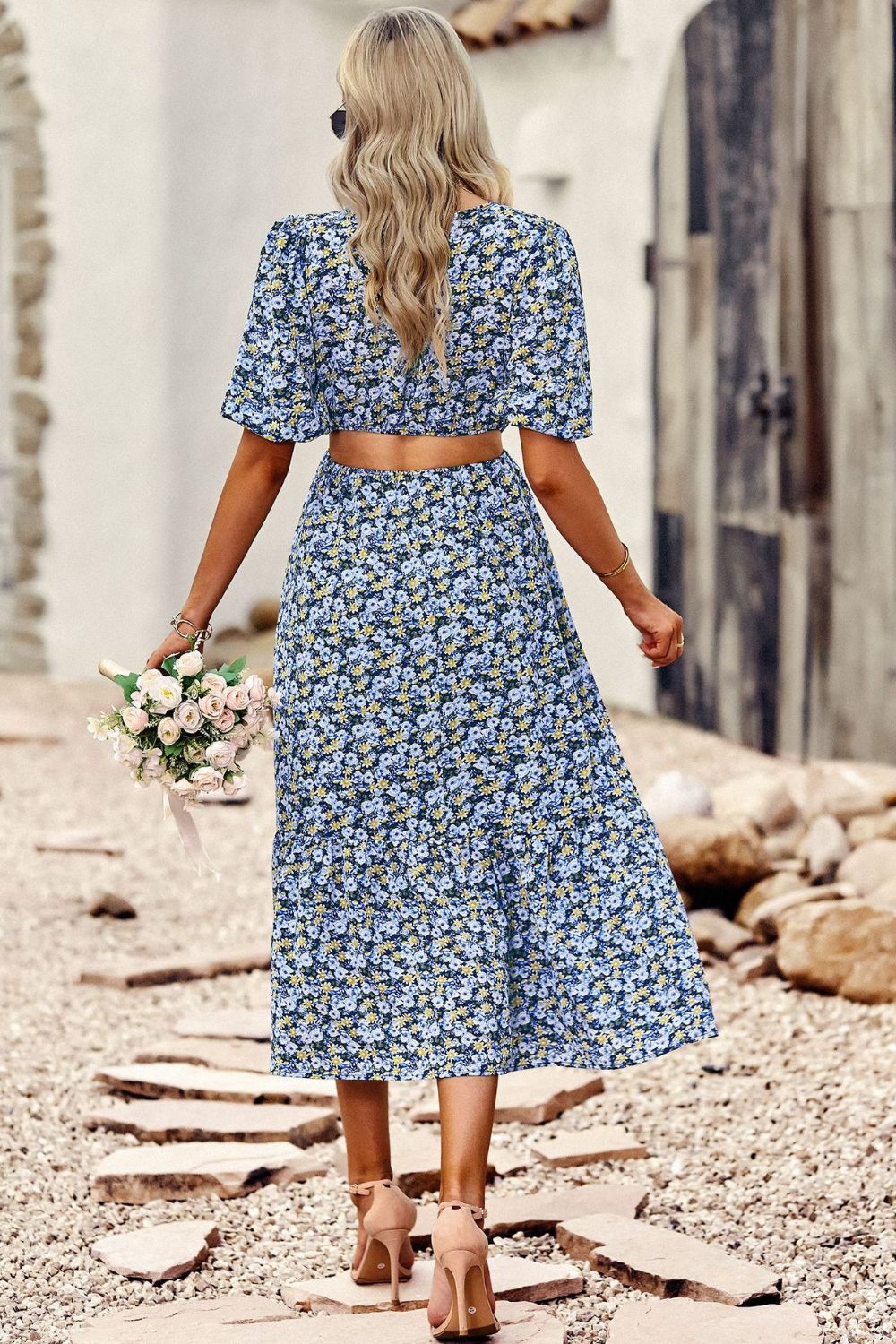 Floral Cutout Puff Sleeve Midi Dress