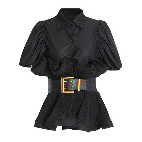 Charismatic Collared Half Button Puff Sleeve Belted Pleated Ruffle Peplum Shirt